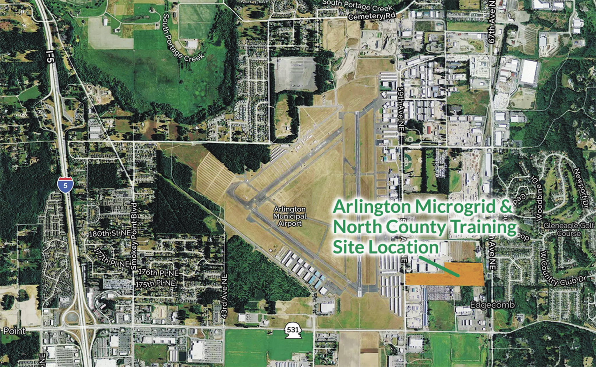 An aerial view of the Arlington Microgrid and North County Training Center. (Snohomish County PUD)