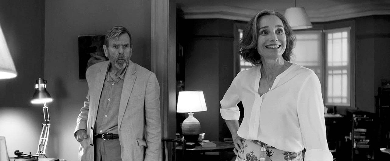 A slimmed-down Timothy Spall plays Kristin Scott Thomas’ boozy husband in “The Party,” which was shot in black and white. (Picturehouse Cinemas)