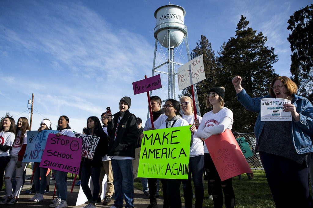 A crowd including students, parents, teachers and community activists gather at Comeford Park in Marysville for a rally in support of increased mental healthcare and gun regulations on Saturday. (Ian Terry / The Herald)
