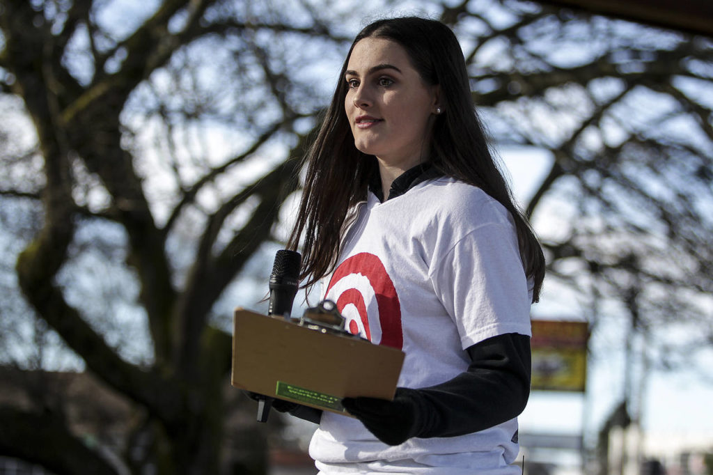 Student organizer Bailey Thoms, 16, a junior at Marysville Getchell High School, speaks at a rally at Comeford Park in Marysville in support of increased mental healthcare and gun regulations on Saturday. (Ian Terry / The Herald)
