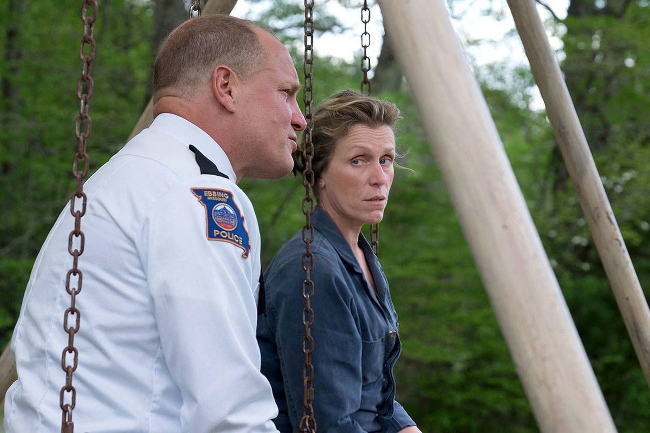 The world’s toughest grieving mother (Frances McDormand) questions a beleaguered sheriff played by Woody Harrelson in “Three Billboards Outside Ebbing, Missouri.”(Fox Searchlight Pictures)