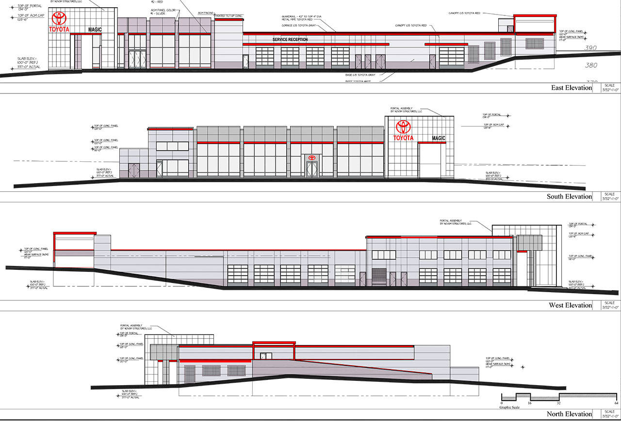 Magic Toyota in Edmonds is nearly doubling in size, building a 47,500-square-foot dealership with a parking deck above the building. (Strotkamp Architects)