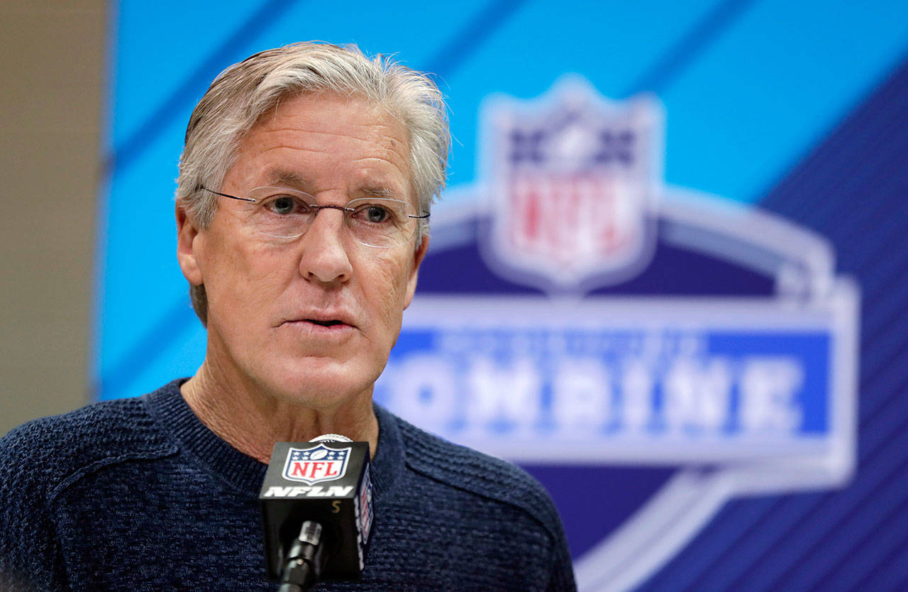 Seahawks head coach Pete Carroll speaks during a press conference at the NFL scouting combine on March 1, 2018, in Indianapolis. (AP Photo/Michael Conroy)