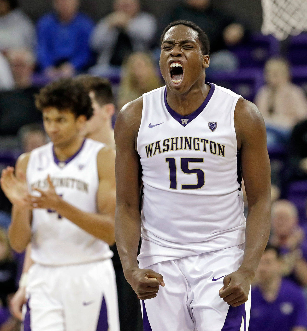 Washington’s Noah Dickerson (15) lets out a yell after a call against Oregon State during the second half of a game March 1, 2018, in Seattle. Washington won 79-77. (AP Photo/Elaine Thompson)