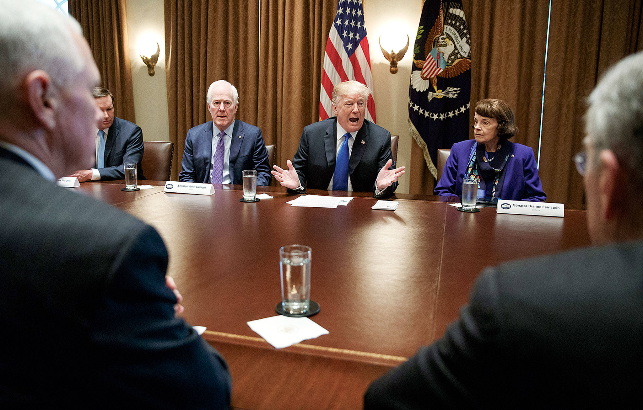 President Donald Trump speaks in the Cabinet Room of the White House in Washington on Wednesday during a meeting with members of congress to discuss school and community safety. With the president, from left: Vice President Mike Pence; Sen. Chris Murphy, D-Conn.; Sen. John Cornyn, R-Texas; the president; Sen. Dianne Feinstein, D-Calif.; and Sen. Chuck Grassley, R-Iowa. (AP Photo/Carolyn Kaster)