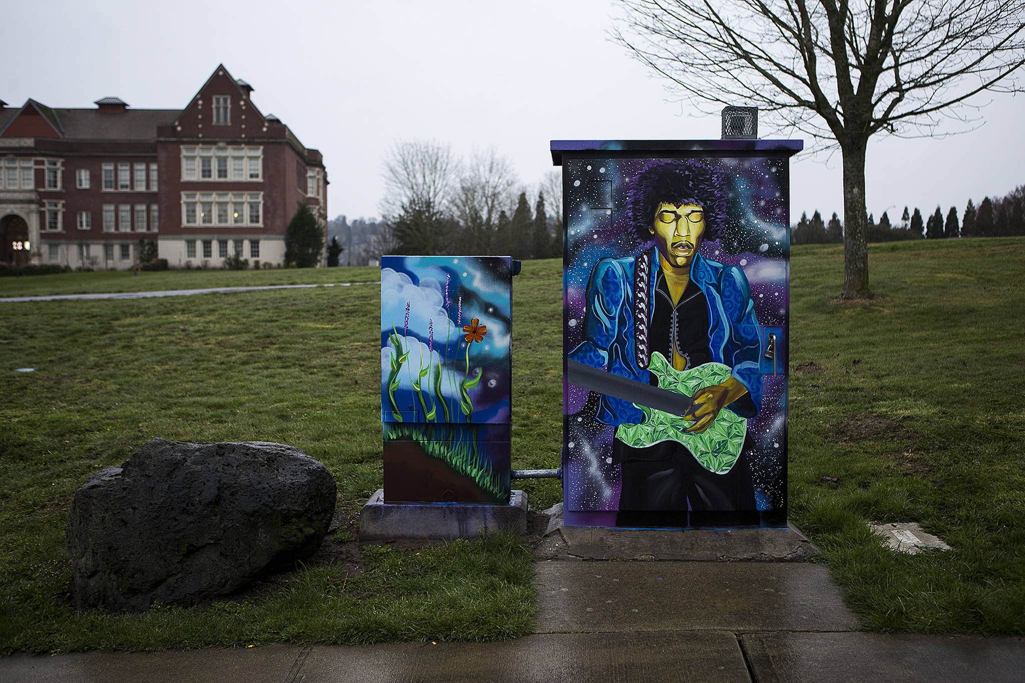 A mural of Jimi Hendrix, the groundbreaking Seattle-born music innovator, decorates a utility fixture. (Ian Terry / The Herald)