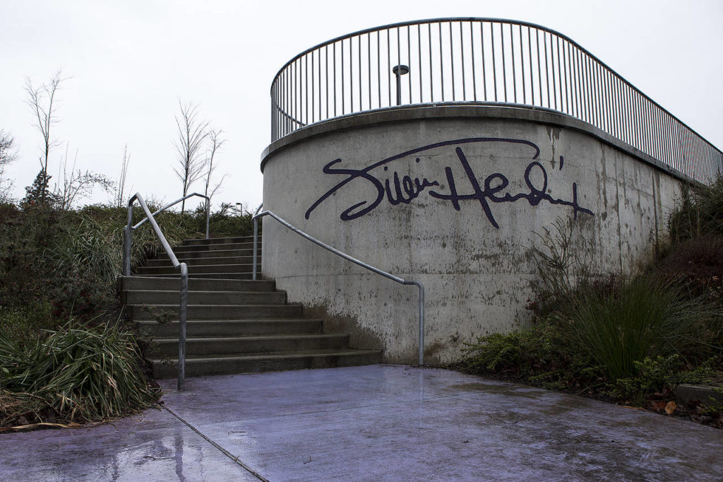 Hendrix’s signature graces a staircase leading to Jimi Hendrix Park. (Ian Terry / The Herald)
