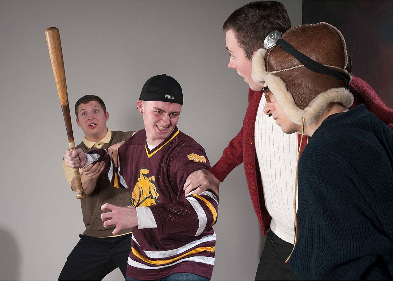 Neal Akins, Jay Morton, Devon Crabb and Nathan Couch in a scene from “The Rise and Rise of Daniel Rocket.” The show closes March 18 at Everett Community College. (Everett Community College)