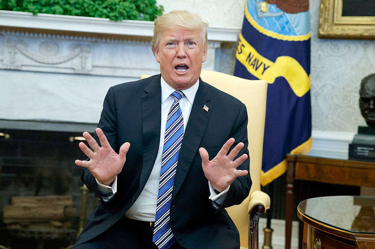 President Donald Trump speaks during a meeting with Israeli Prime Minister Benjamin Netanyahu in the Oval Office of the White House on Monday in Washington. (AP Photo/Evan Vucci)