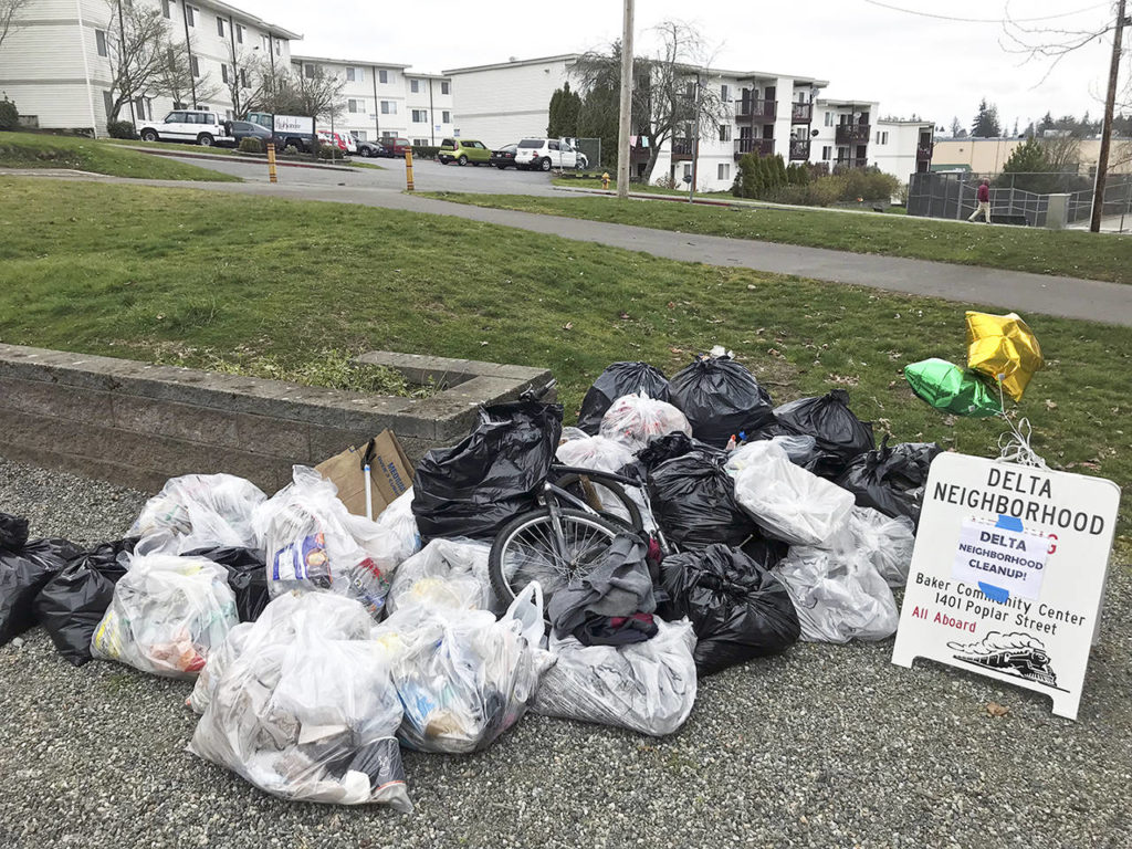 Trash collected during a cleanup Saturday in Everett’s Delta neighborhood. (Mary Fosse)
