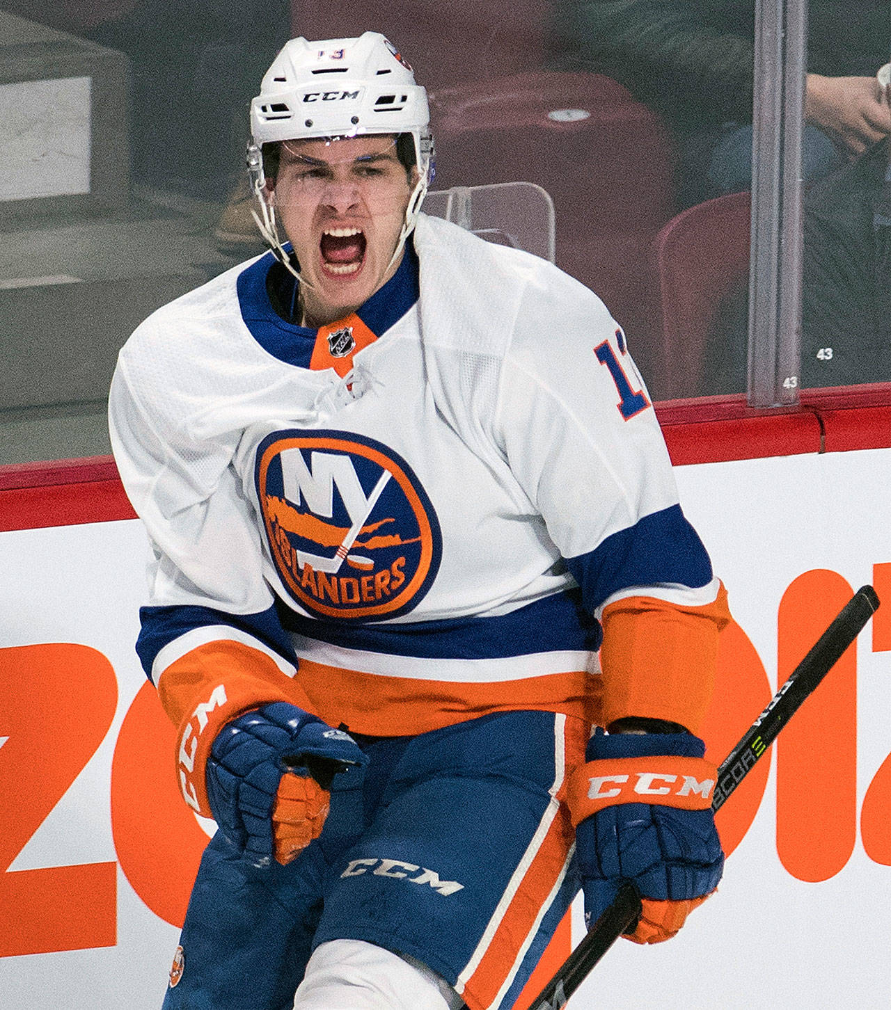The Islanders’ Mathew Barzal, a former Seattle Thunderbird, celebrates after scoring against the Canadiens on Feb. 28, 2018, in Montreal. (Graham Hughes/The Canadian Press via AP)