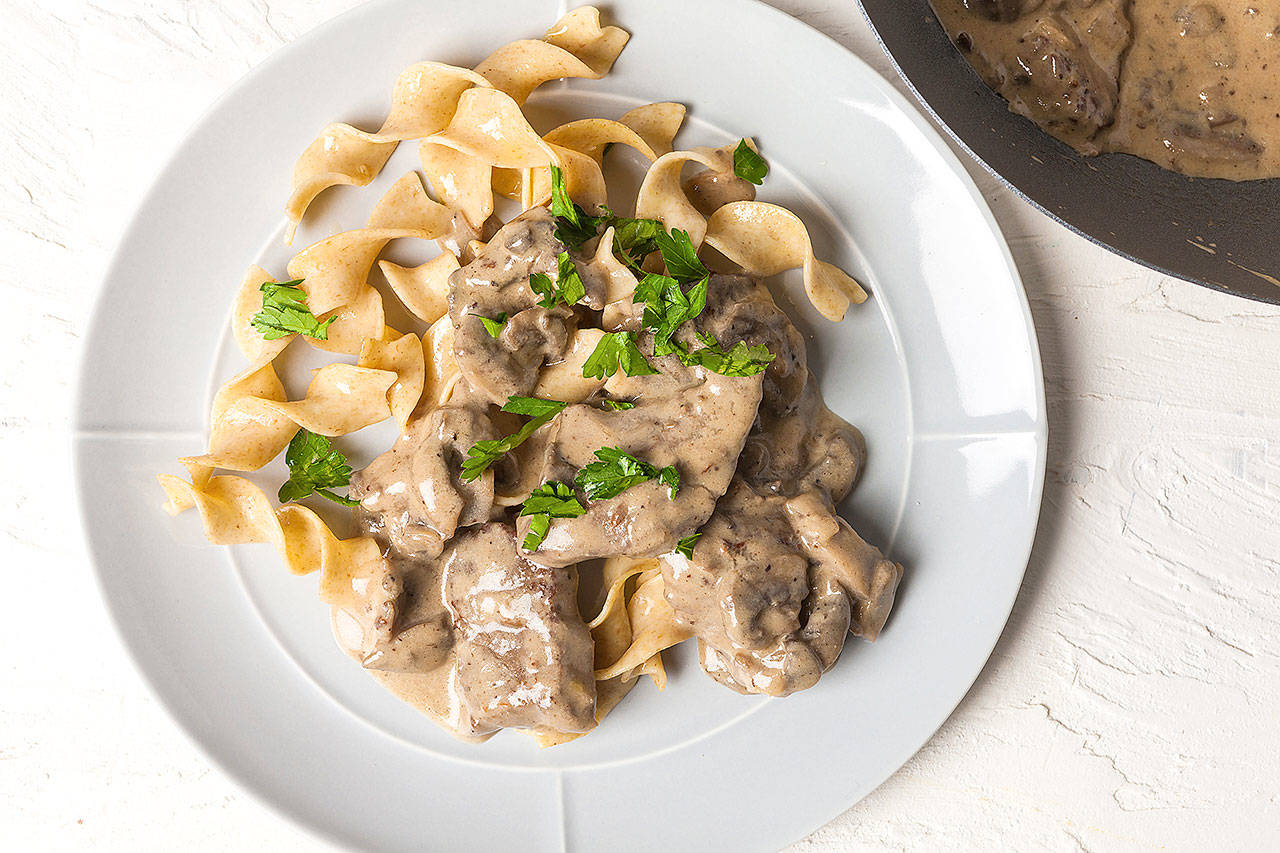 While it still calls for regular sour cream, the ratio of beef to mushrooms in this stroganoff is flipped. (Photo by Goran Kosanovic for The Washington Post)