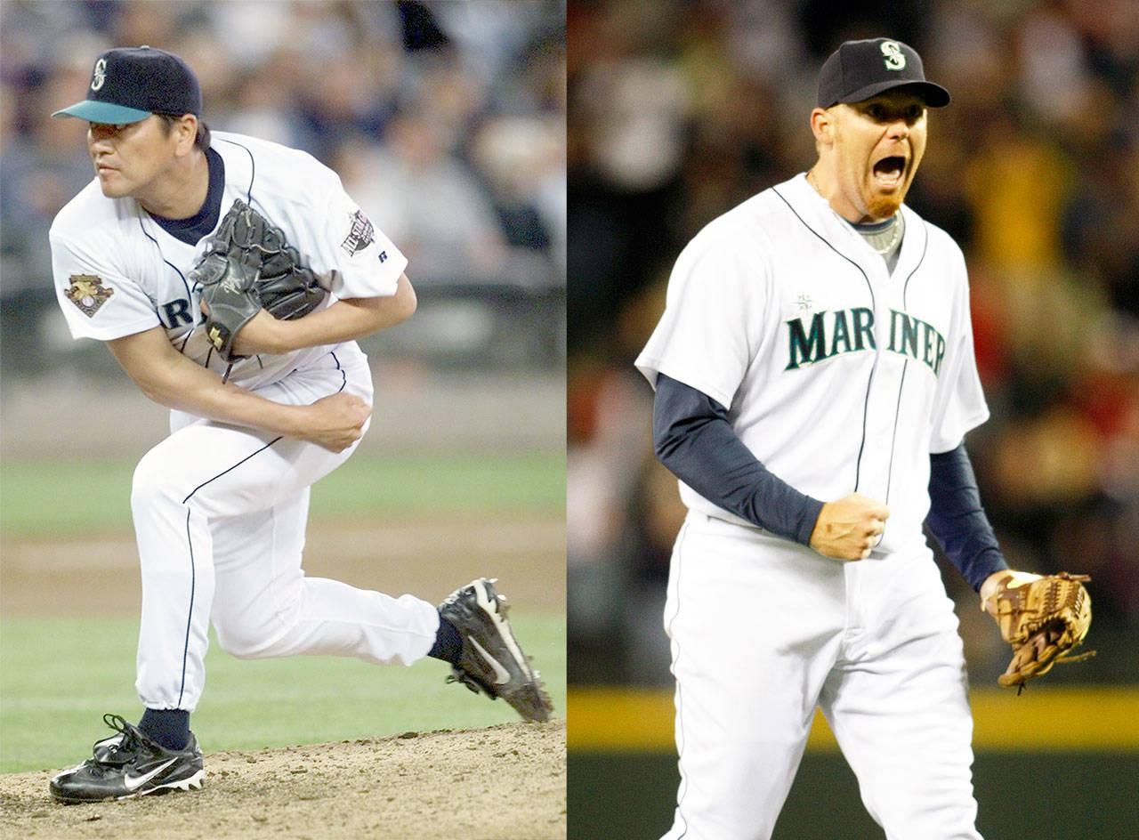 Mariner relief pitchers Kazuhiro Sasaki (left) and J.J. Putz.