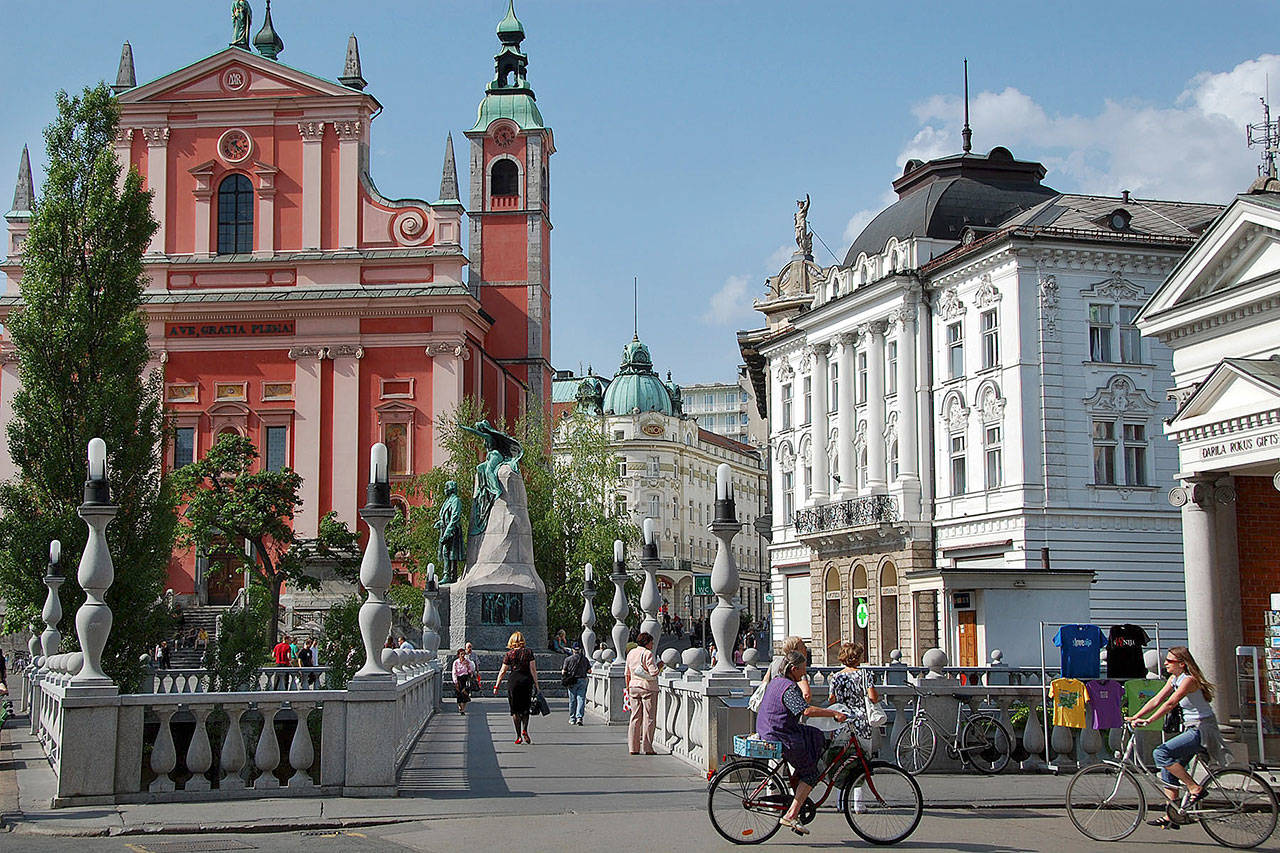 Ljubljana’s exquisite architecture reflects its history as a crossroads of Germanic, Mediterranean, and Slavic cultures. (Cameron Hewitt / Rick Steves’ Europe)