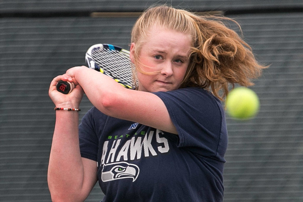 Katri Shields works through practice Wednesday afternoon at Snohomish High School on March 7, 2018. (Kevin Clark / The Daily Herald)

