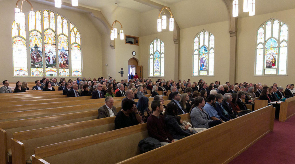 Friends and family gather for the memorial service of Helen Jackson Saturday afternoon at First Presbyterian in Everett on March 24, 2018. (Kevin Clark / The Daily Herald)
