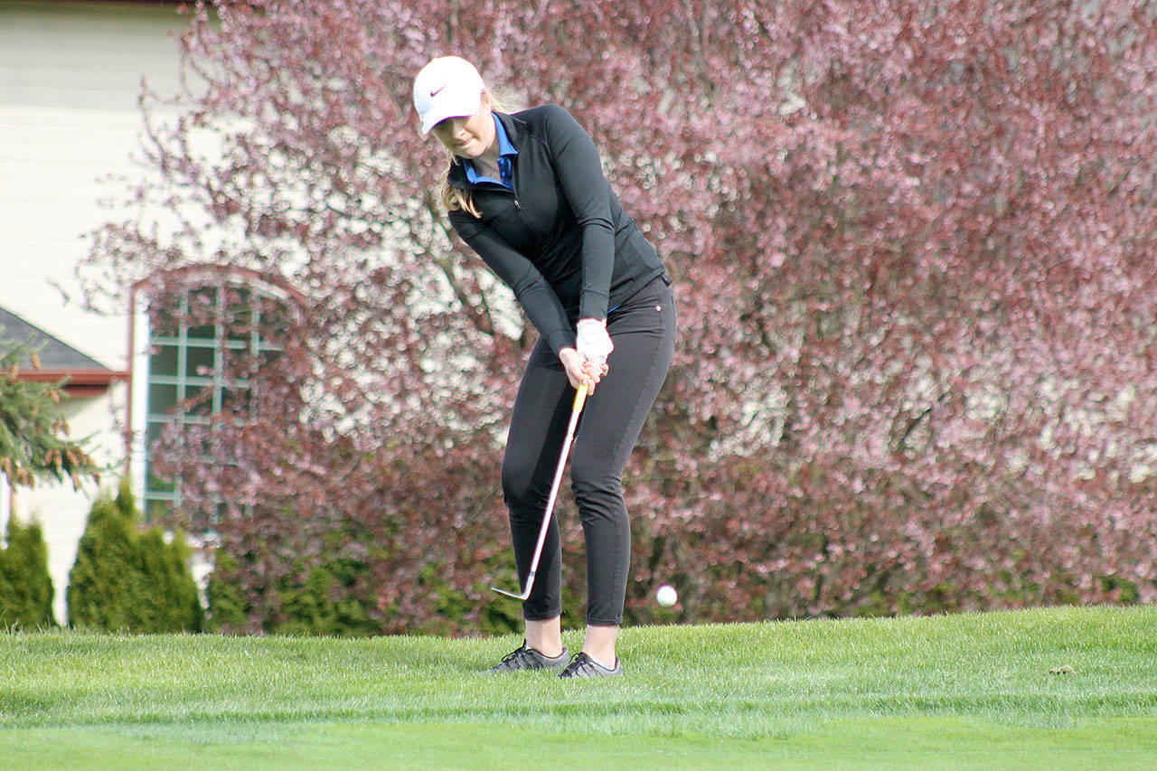 South Whidbey’s Kolby Heggenes chips on on to the green on the first hole at Useless Bay Golf and Country Club in Langley during a match last April. (Evan Thompson / The Record)