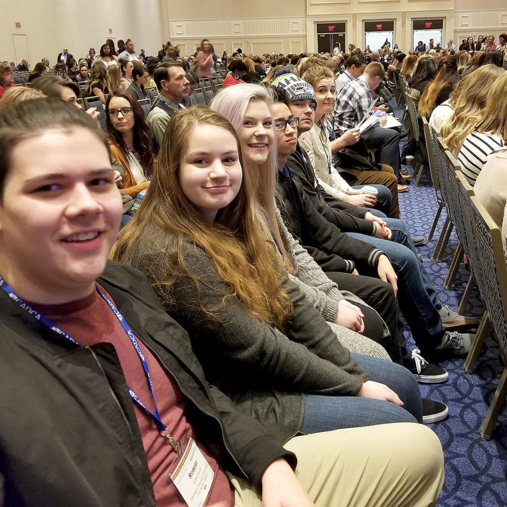 Darrington Youth Coalition members (from left) Robert Smith, Mikah Dewberry, Morgen Schoneman, Maxwell Pickard, Evan Couch and Ashlee Wiley at the national forum for the Community Anti-Drug Coalitions of America Institute near Washington, D.C. (Marree Perrault)
