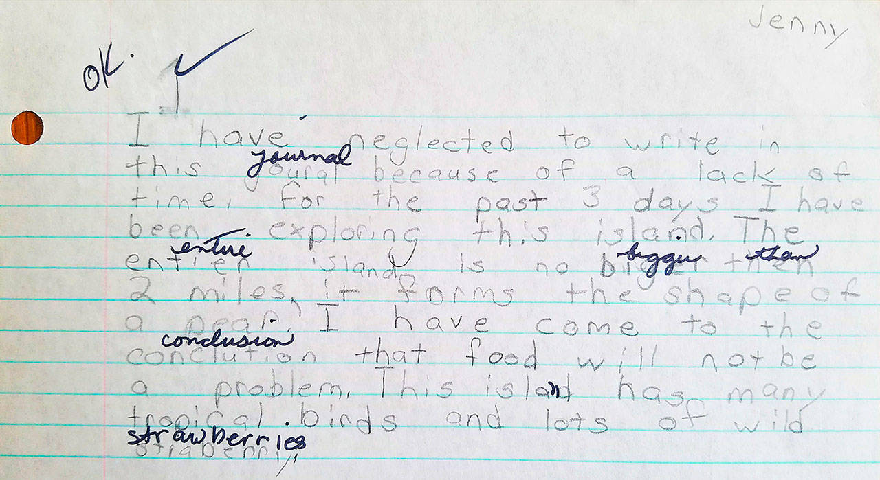 Here is a writing sample of the author’s from fifth grade, showing more spelling mistakes than one would expect from a highly capable learner. (Jennifer Bardsley)
