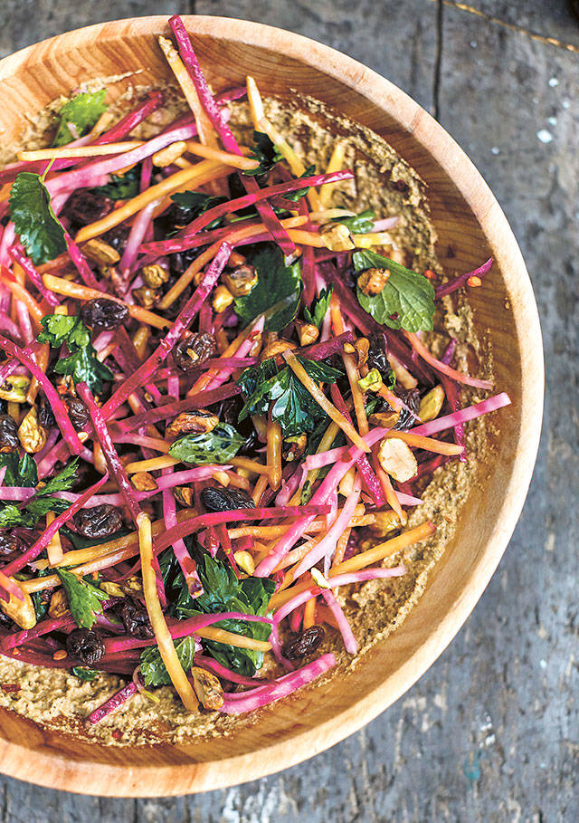 The pistachio butter in this beet slaw is like an Asian peanut sauce. The juices from the slaw dissolve into the butter and make something of a vinaigrette. (Laura Dart)