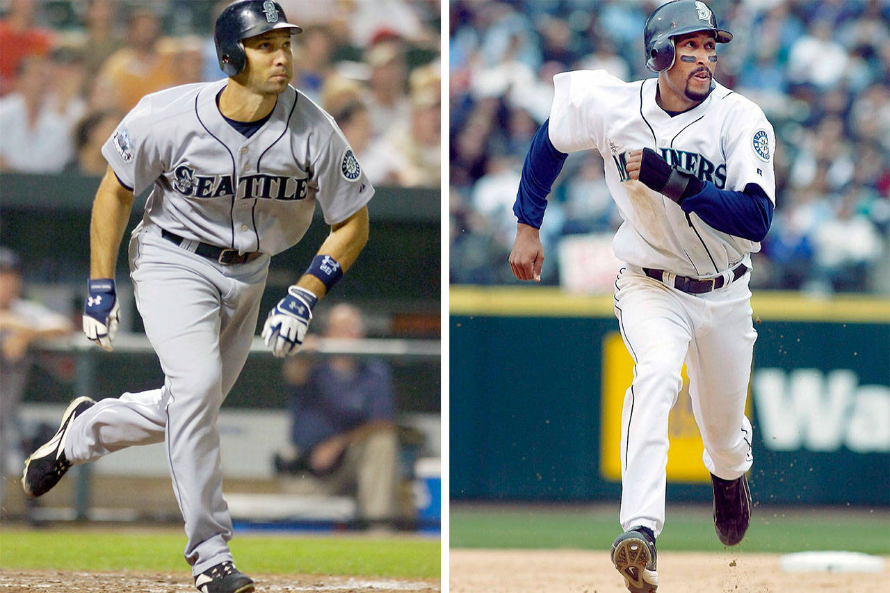 Left: Seattle Mariners’ Raul Ibanez watches his second home run of the night against the Baltimore Orioles during the seventh inning of a 2007 baseball game in Baltimore. (AP Photo/Gail Burton, file). Right: Seattle Mariners’ Randy Winn heads for third during the bottom of the fifth inning in a 2003 game against the Angels at Safeco Field in Seattle (Stephanie S. Cordle/Herald file).