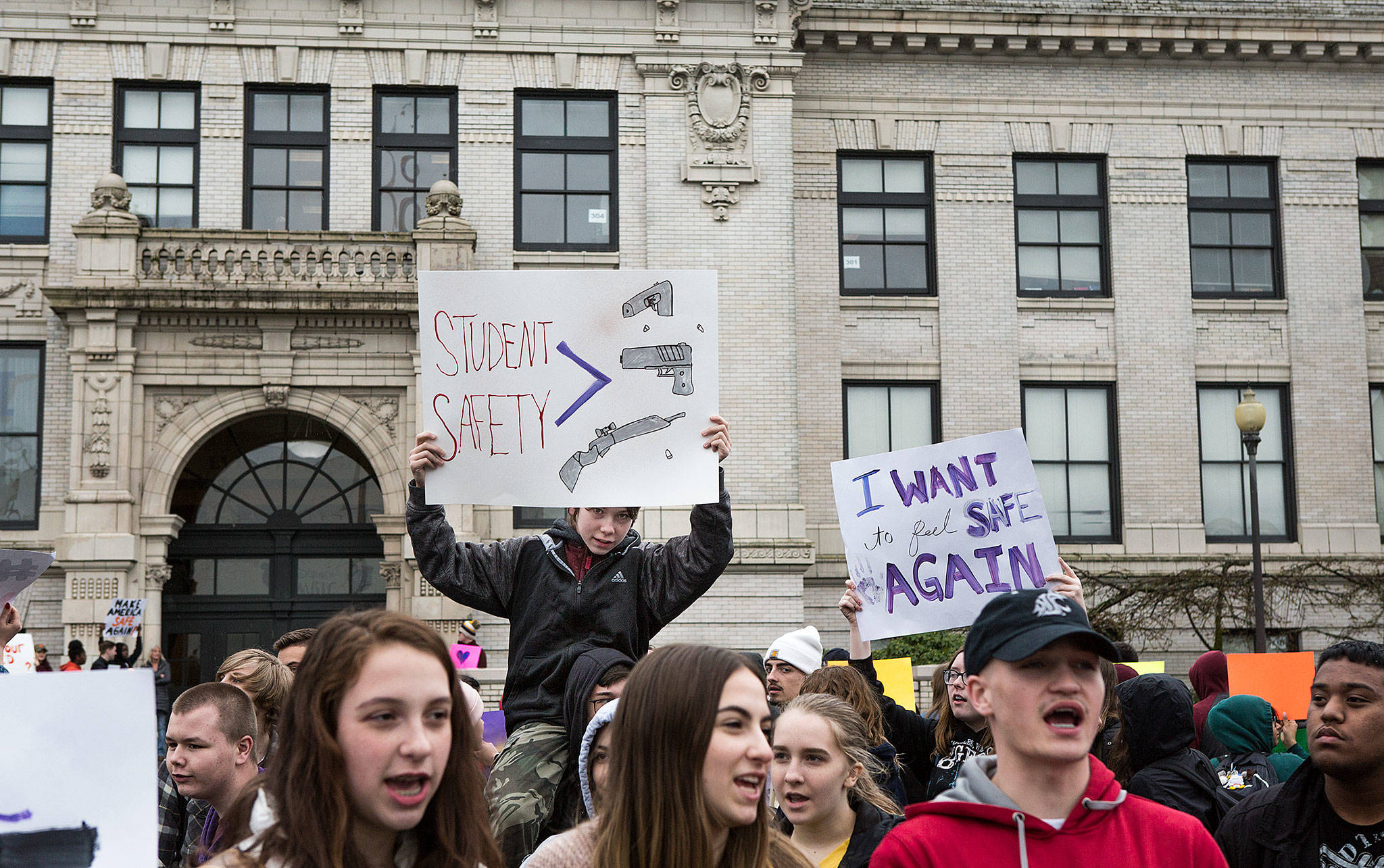 Protesting gun violence in schools, Everett High School students walked out of classes for 17 minutes on Wednesday — along with hundreds of thousands of other students nationwide. (Andy Bronson / The Herald)