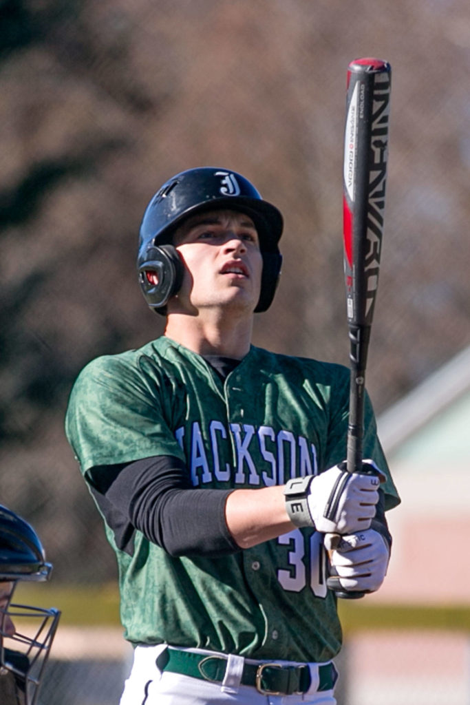 Jackson senior Carter Booth gathers himself during an at-bat against Marysville Getchell on March 15, 2018, in Mill Creek. (Kevin Clark / The Herald)
