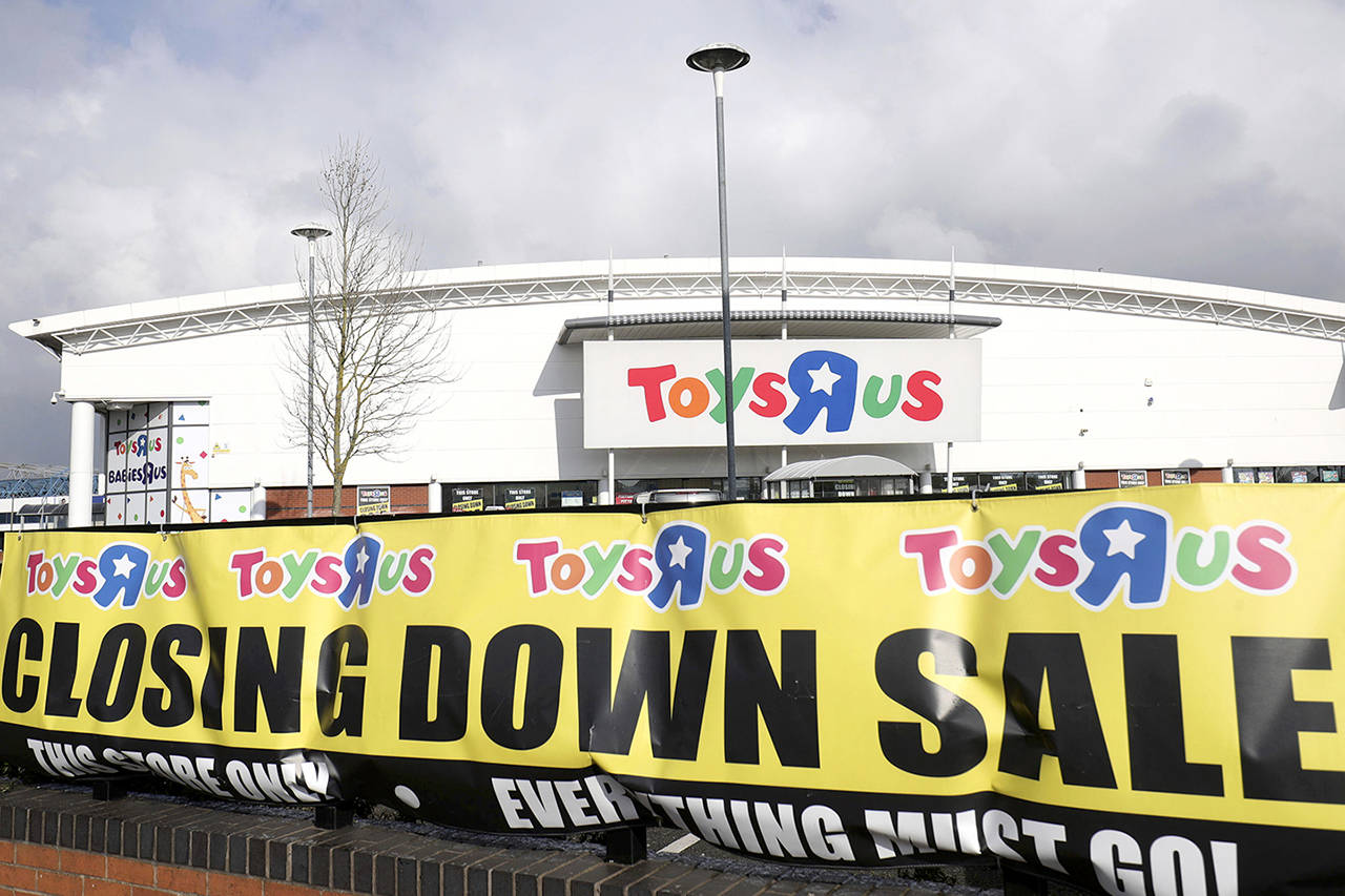 A branch of Toys R Us at St Andrews retail park in Birmingham, England, displays a closing down sale banner. The British arm of Toys R Us has gone into insolvency administration, and its U.S. division is headed toward liquidation. (Aaron Chown/PA via AP, File)