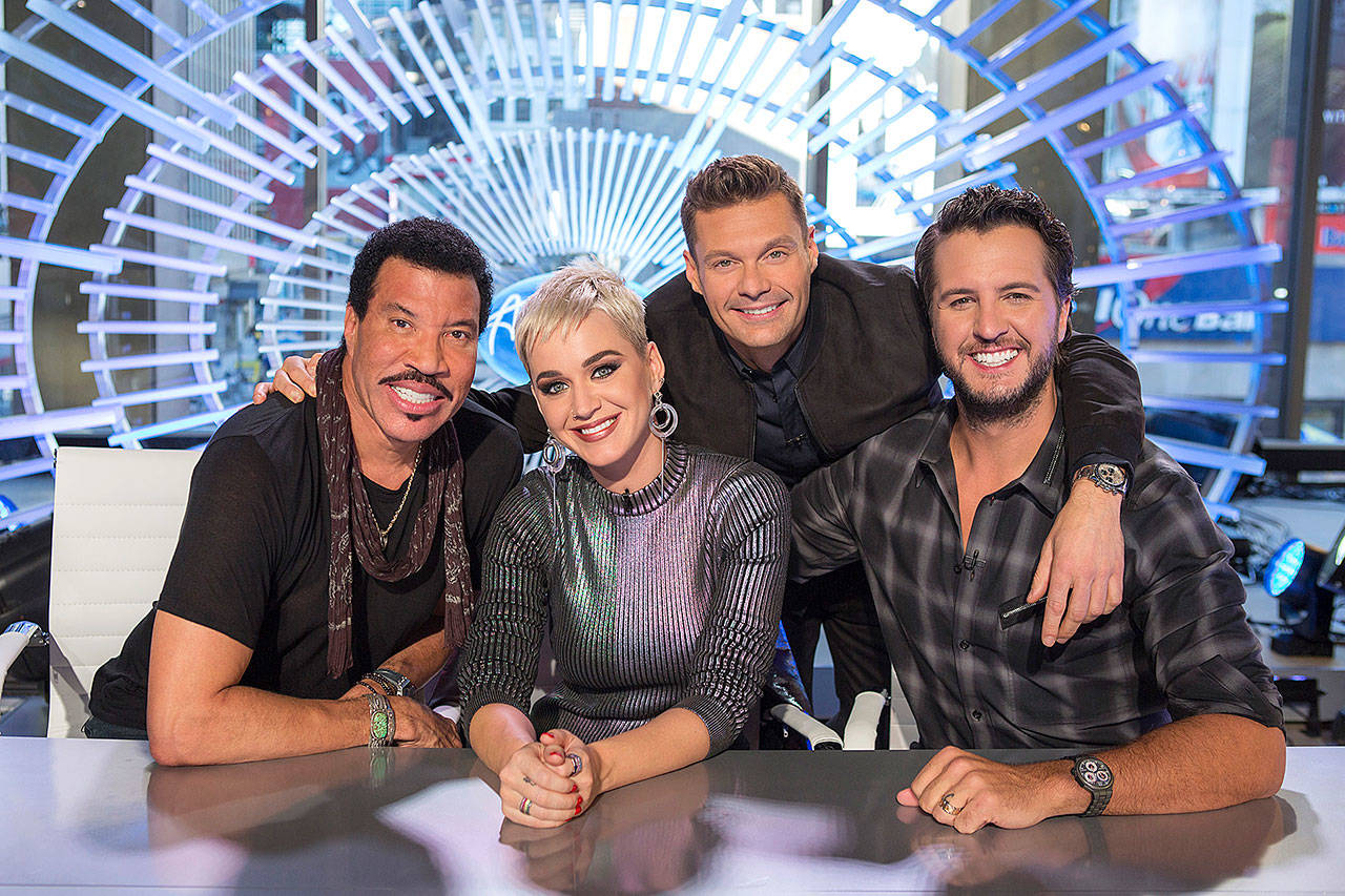 From left, Lionel Richie, Katy Perry, Ryan Seacrest and Luke Bryan on the set of “American Idol” in New York. The season premiere had a strong debut on ABC, reaching more than 10 million viewers. (Eric Liebowitz/ABC)