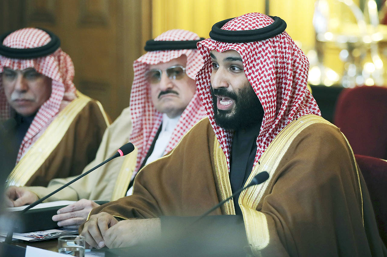 Saudi Crown Prince Mohammed bin Salman conducts a meeting with Britain’s Prime Minister Theresa May with other members of their delegations, inside 10 Downing Street, London, on March 7. (Dan Kitwood/Pool via AP, file)