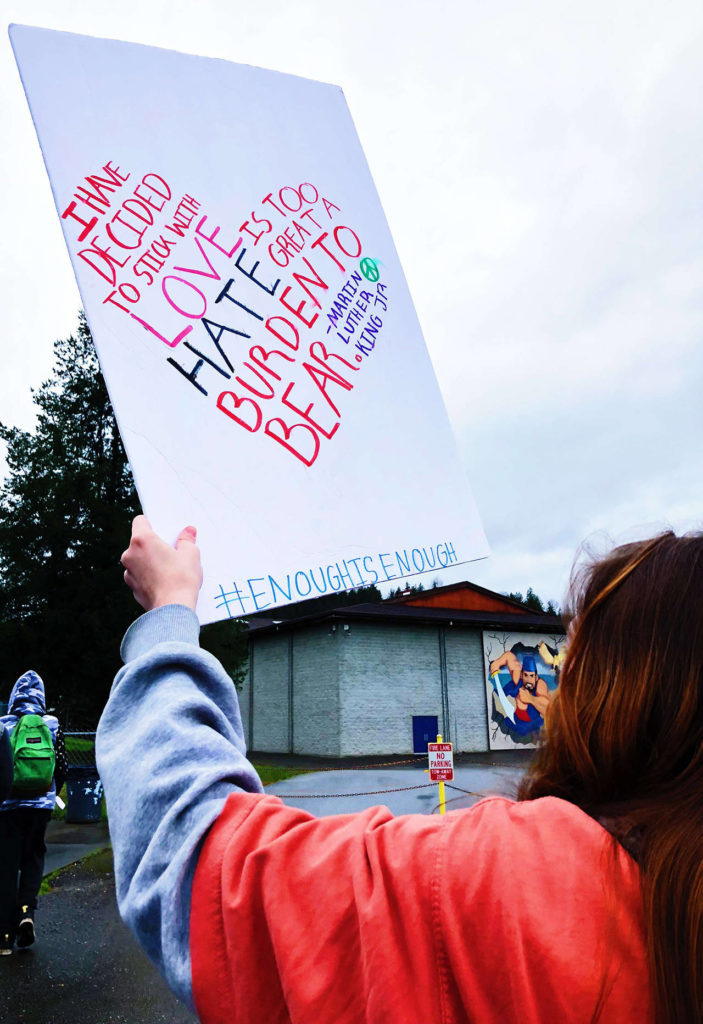 Sultan High School students left class Wednesday and walked to the sports stadium as part of the national student walkout. (Mary Carbajal / Sultan High School junior)
