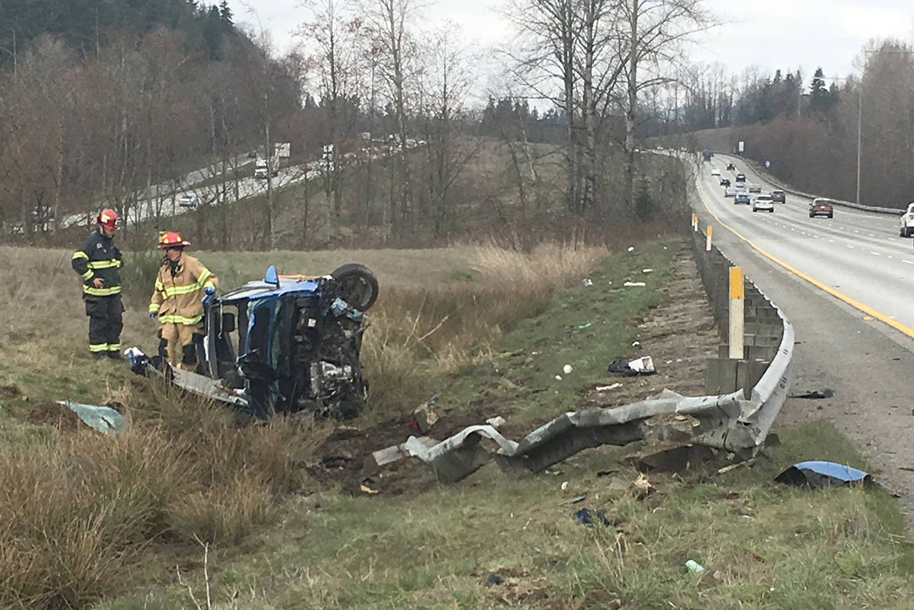 A medical problem is believed to have caused a rollover crash Saturday on I-5 north of Arlington. (Washington State Patrol)