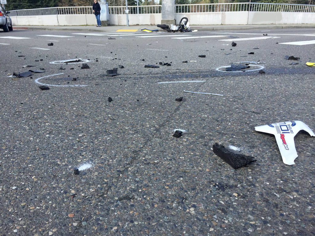 A hit-and-run left a motorcyclist with serious injuries around noon Tuesday in south Everett. (Everett Police Department)
