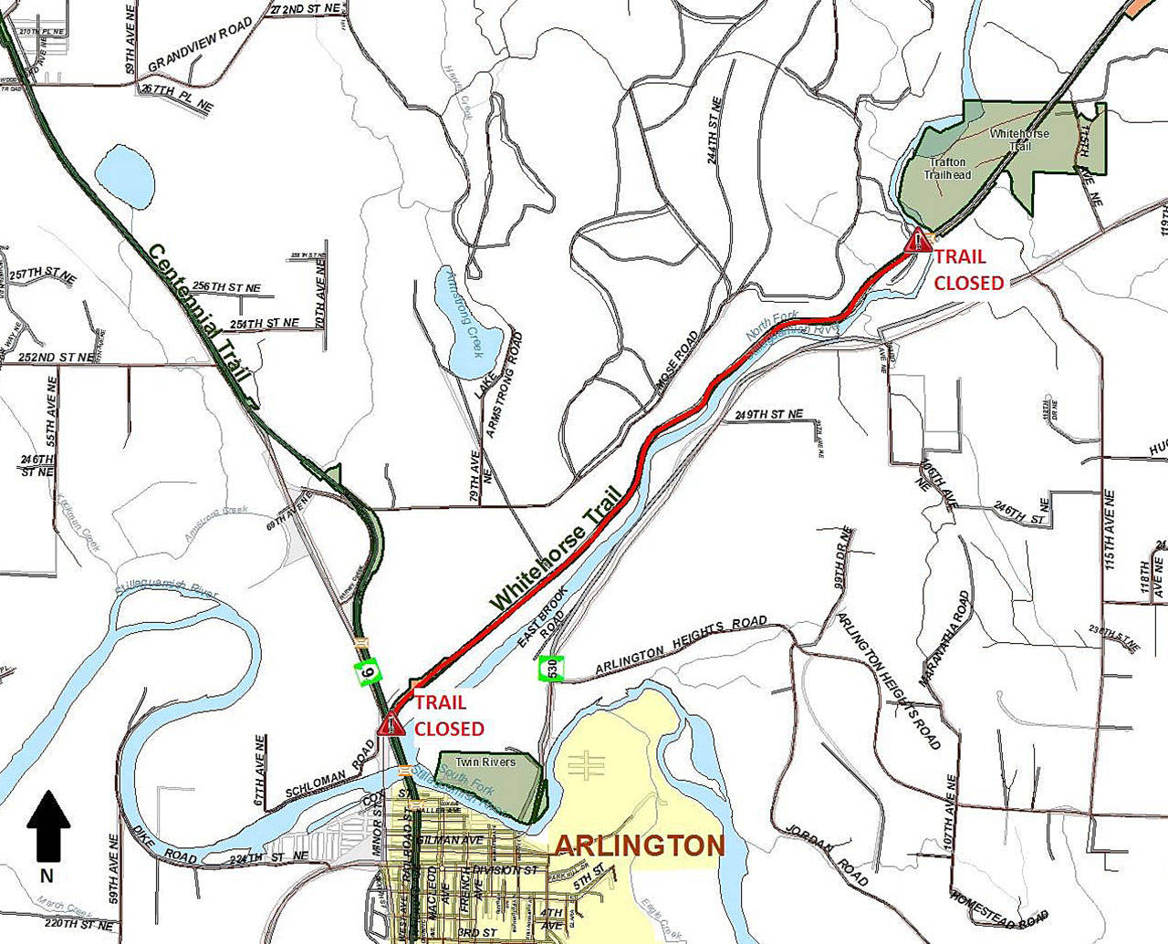 A map of the Whitehorse Trail closure. (Snohomish County Parks and Recreation)
