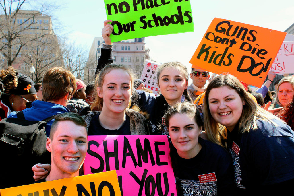 Saturday at Washington, D.C.’s, March for Our Lives, students from four Snohomish County schools add their voices to the din of thousands. They are, (from left), Tom Roe, Lakewood High School; Jocelyn van der Put, Lake Stevens High School; Mikaylah Himmelberger, Marysville Getchell High School (back); Bailey Thoms, Marysville Getchell High School; and Katie Dalton, Marysville Pilchuck High School.
