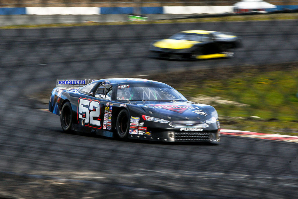 Brittney Zamora drives her Super Late Model race car during practice laps at the Evergreen Speedway. (Ian Terry / The Herald)
