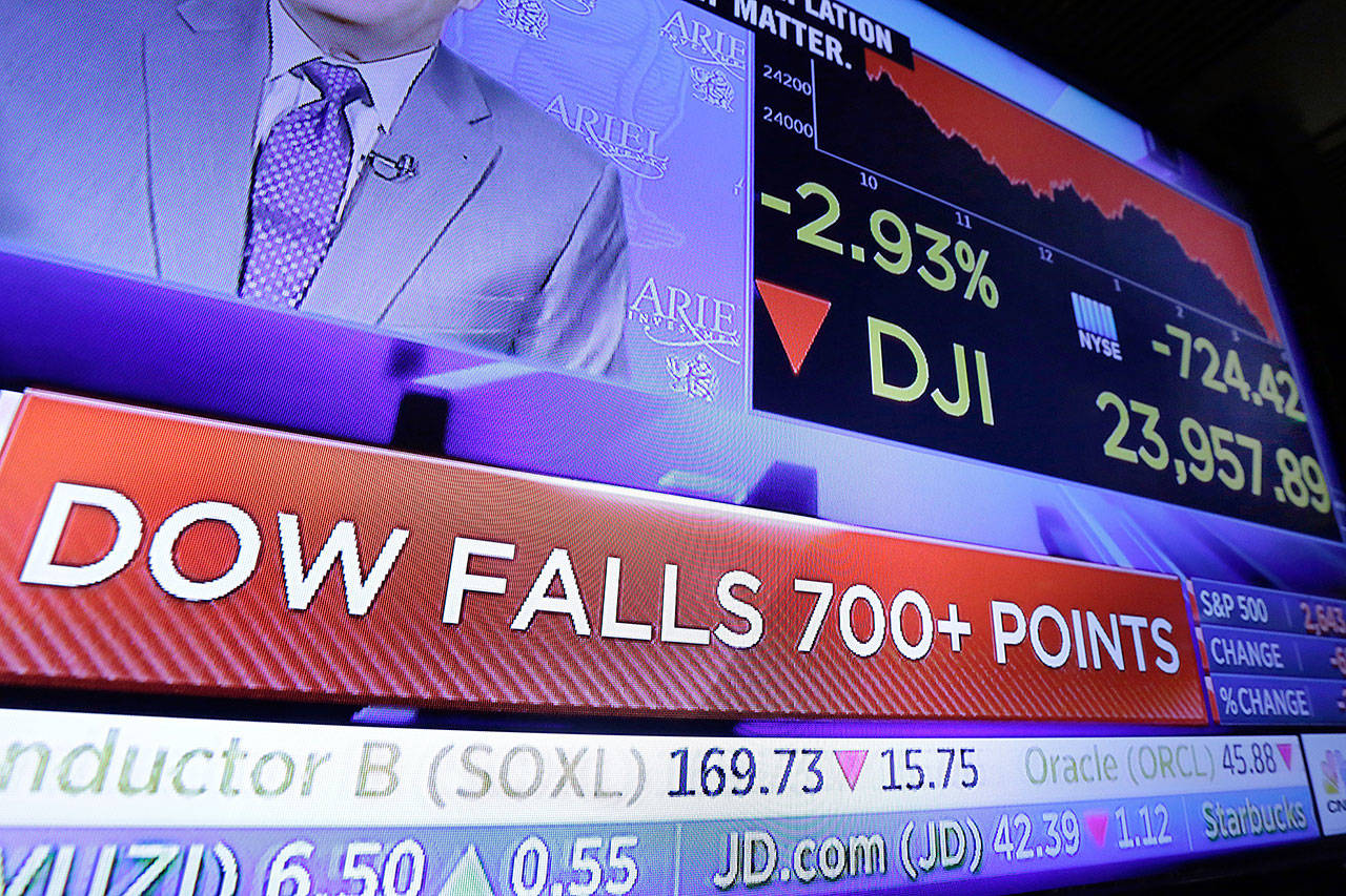 A television screen on the trading floor of the New York Stock Exchange shows the closing number for the Dow Jones industrial average Thursday. (AP Photo/Richard Drew)