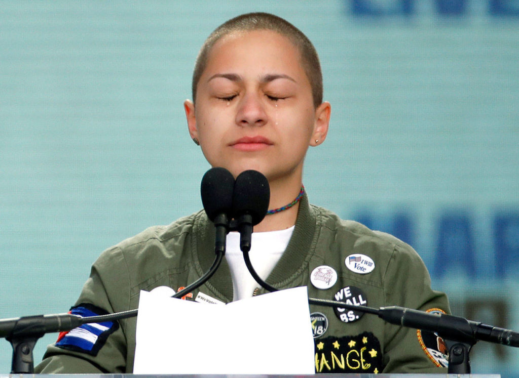 Emma Gonzalez, a survivor of the mass shooting at Marjory Stoneman Douglas High School in Parkland, Florida, stands silently at the podium for the amount of time it took the Parkland shooter to go on his killing spree. (AP Photo/Alex Brandon)
Emma Gonzalez, a survivor of the mass shooting at Marjory Stoneman Douglas High School in Parkland, Florida, stands silently at the podium for the amount of time it took the Parkland shooter to go on his killing spree.
