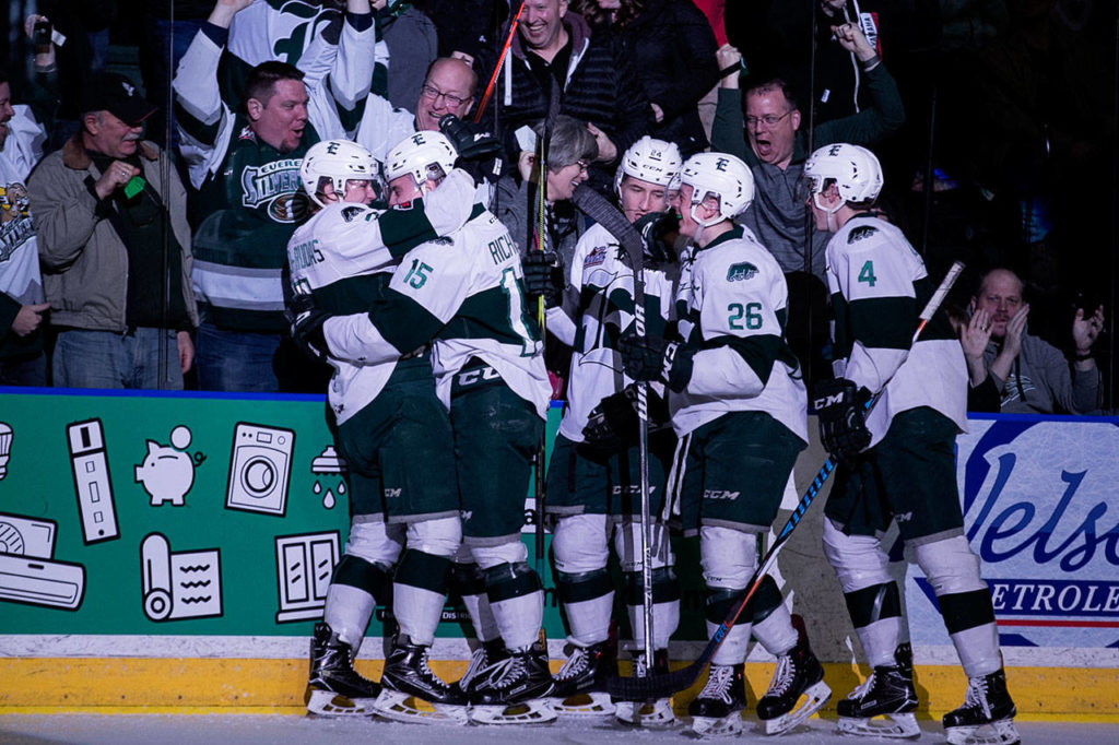 The Silvertips celebrate a goal in the first period of a playoff game on March 24, 2018, at Angel of the Winds Arena in Everett. (Kevin Clark / The Herald)
