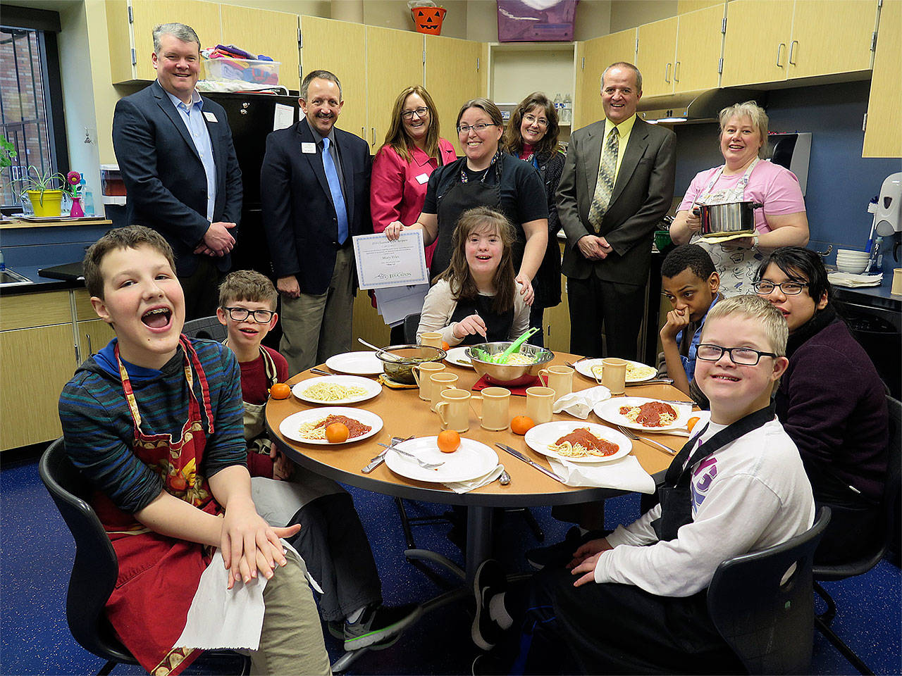 The Snohomish Education Foundation presents a grant to Valley View Middle School’s Viking Café, a life skills program that teaches the students how to read instructions and prepare and cook meals. (Contributed photo)