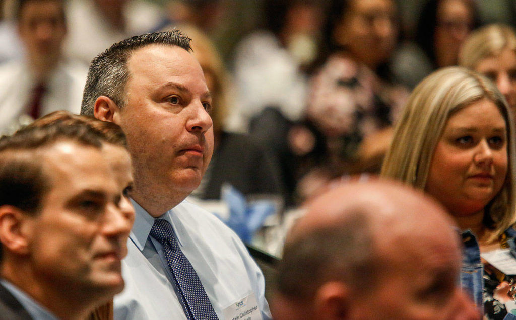 Capt. Christopher Vanghele, of the Newtown Police Department in Connecticut, sits down Wednesday after speaking at a fundraiser for Victim Support Services. He led the initial entry team at Sandy Hook Elementary School after a mass shooter’s attack in 2012. (Dan Bates / The Herald)
