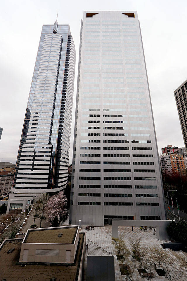 One Union Square (right), the downtown Seattle building that houses the Russian consulate on the 25th floor. (AP Photo/Elaine Thompson)