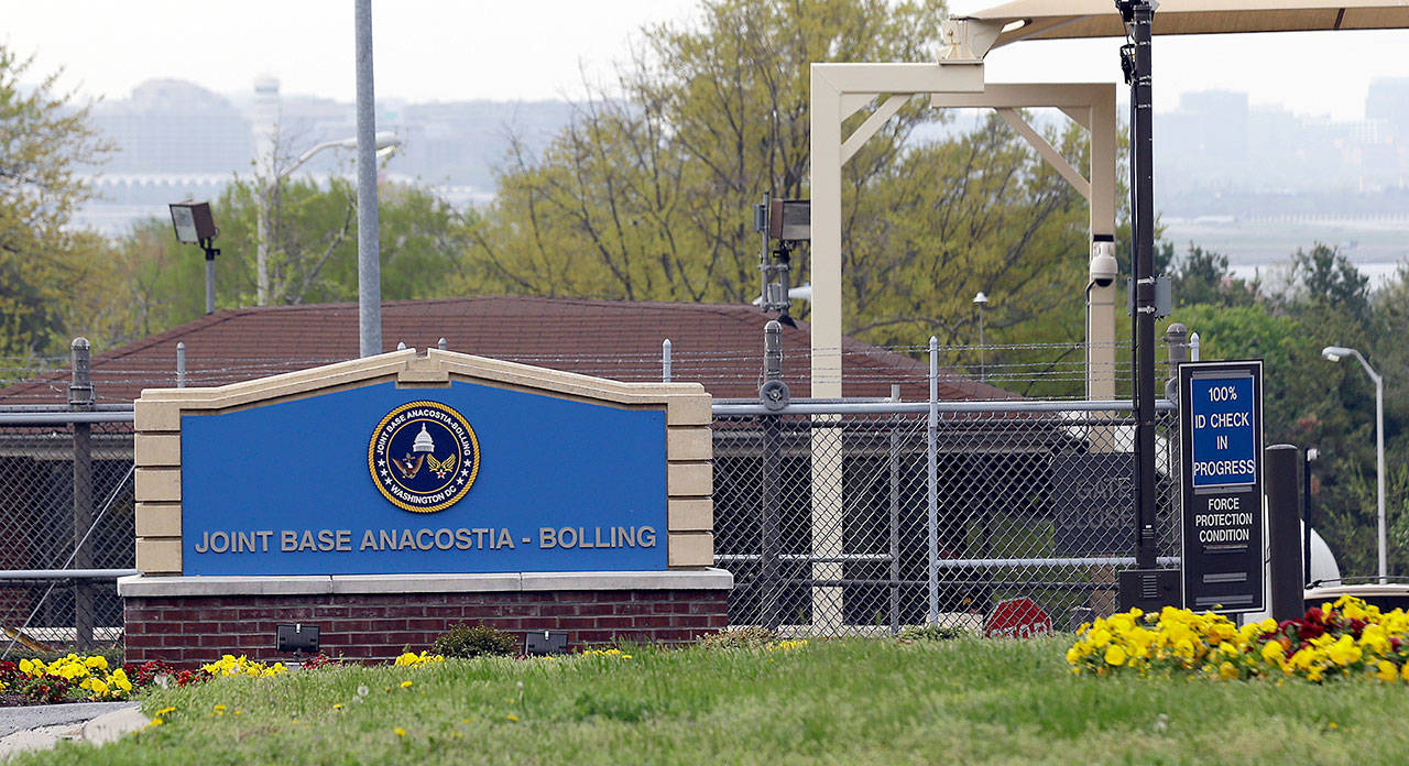 The gate for Joint Base Anacostia-Bolling in Washington, D.C., one of about a dozen military installations that received suspicious packages. (AP Photo/Alex Brandon, File)
