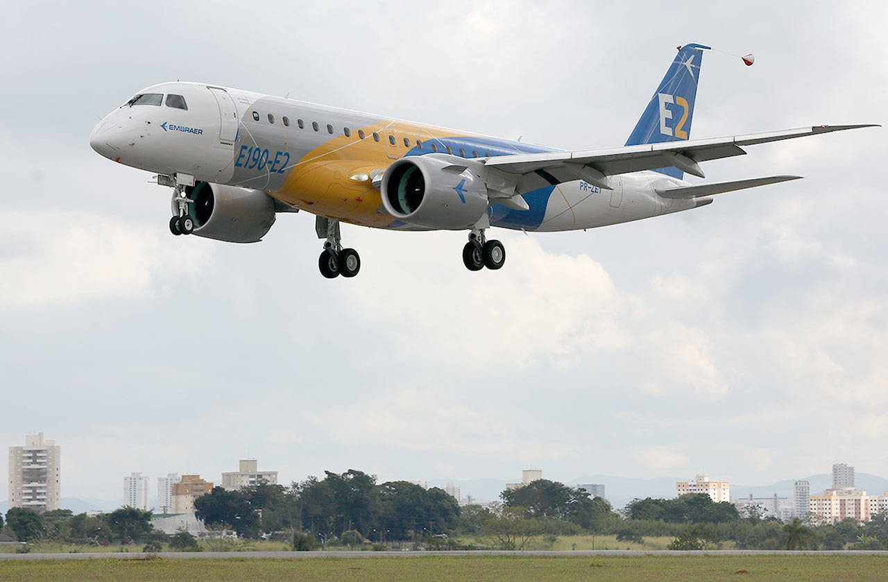 The first flight of the Embraer E190-E2, which enters service next week. (Embraer)