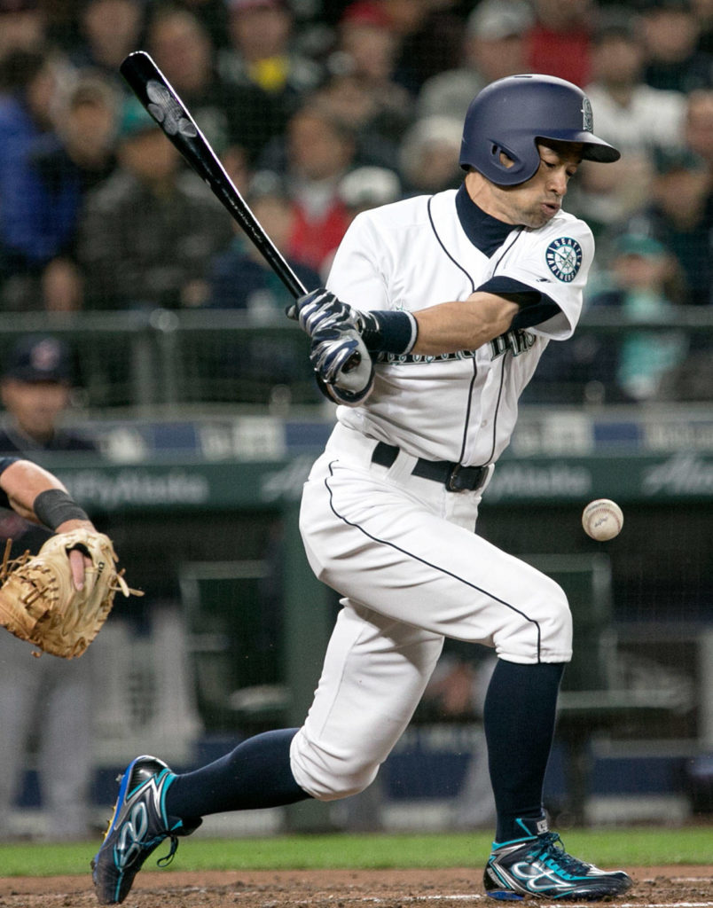 Seattle’s Ichiro Suzuki hits a foul ball on Thursday at Safeco Field. (Kevin Clark / The Herald)
