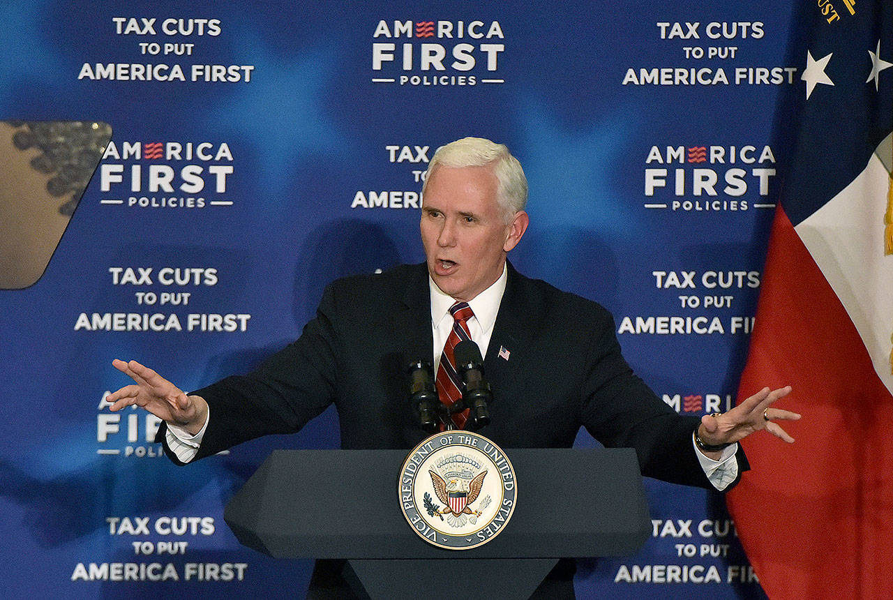 Vice President Mike Pence speaks on “Tax Cuts to Put America First” on March 23 in Atlanta. (Hyosub Shin/Atlanta Journal-Constitution)