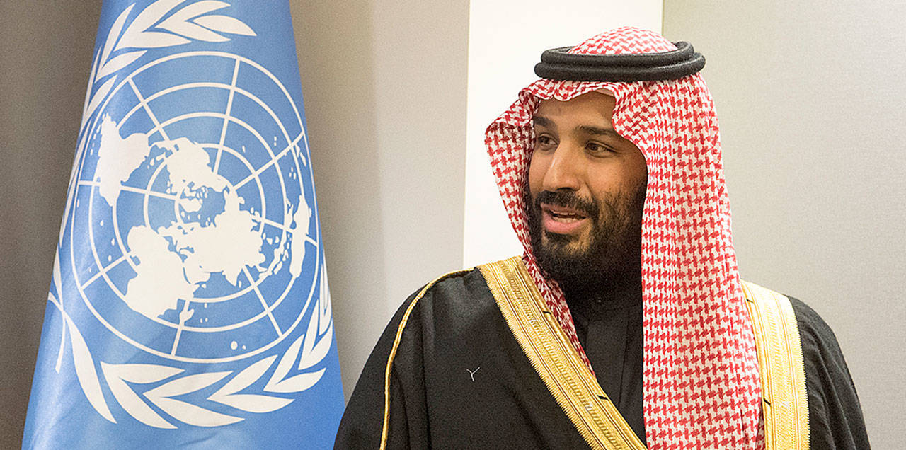 Saudi Arabian Crown Prince Mohammed bin Salman Al Saud speaks during a signing ceremony at the United Nations on Tuesday. His visit to the Seattle area Friday and Saturday included a Boeing factory tour in Everett. (Eskinder Debebe/United Nations via AP)