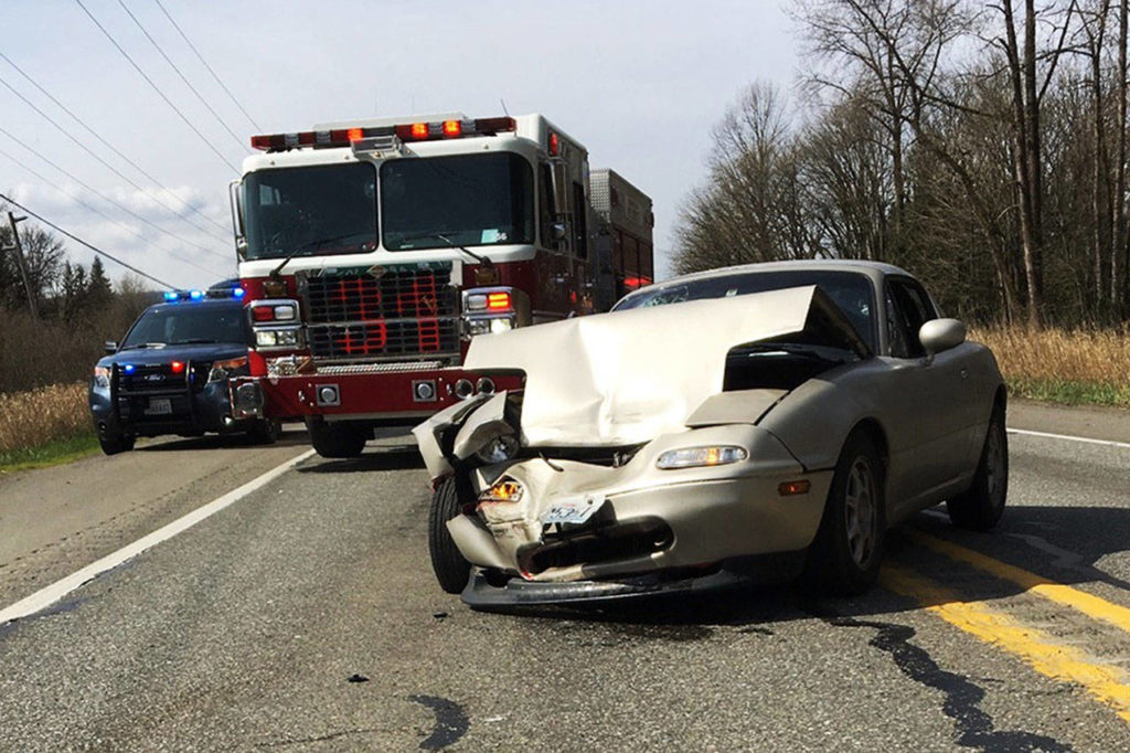 Part of the aftermath of an accident that followed a police chase on U.S. 2 in Monroe. Traffic was shut down in both directions. (Monroe police)

