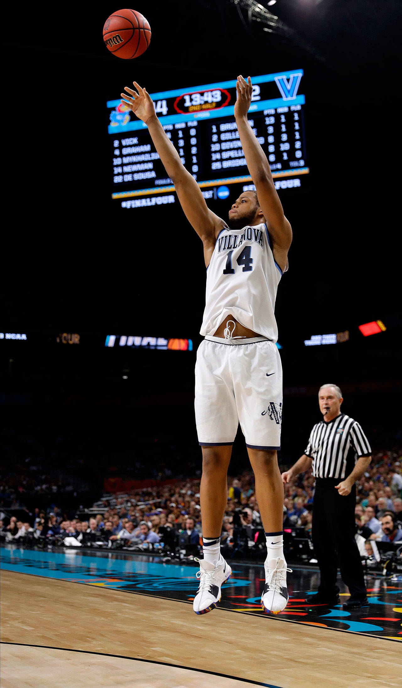 Villanova’s Omari Spellman shoots a 3-pointer during the second half of Saturday’s game in San Antonio. (David J. Phillip / Associated Press)