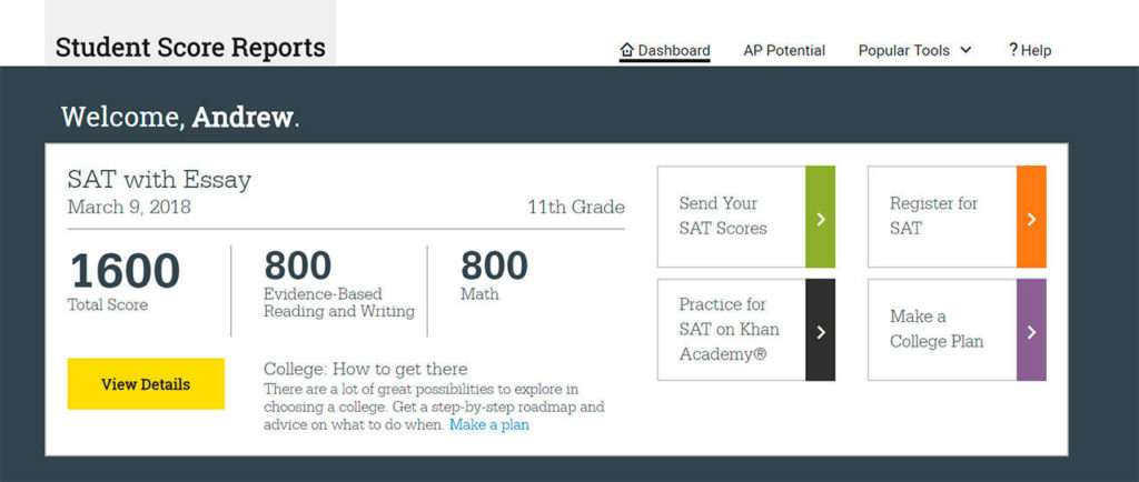 A screen grab of Andrew Shin’s perfect SAT score. The Kamiak High School junior aced the exam, a rare feat for students across the country. (Image courtesy of Andrew Shin)
